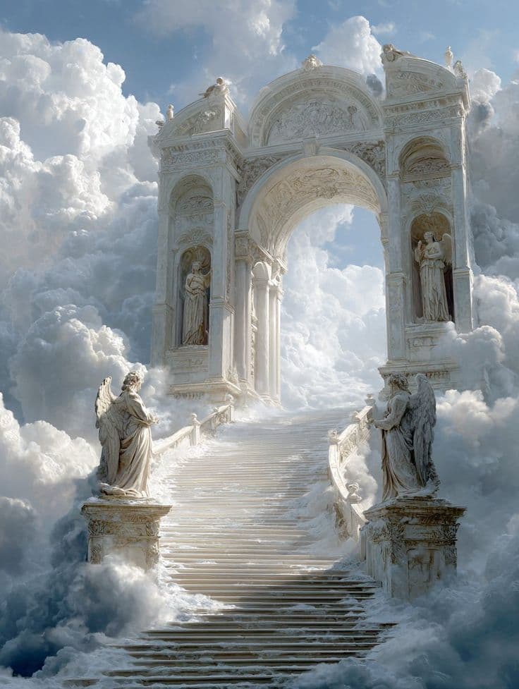 Portal celestial com anjos entre as nuvens